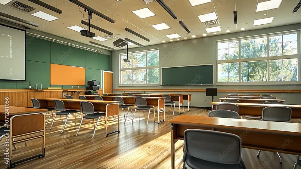 Poster this sunny, spacious classroom features empty desks facing the front.