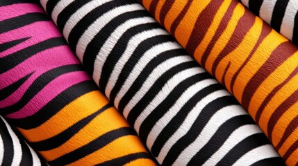 Vibrant zebra print with neon-colored stripes on deep black, bold contrast with playful energy radiating across the canvas. Multicolored zebra pattern, Bold contrast design