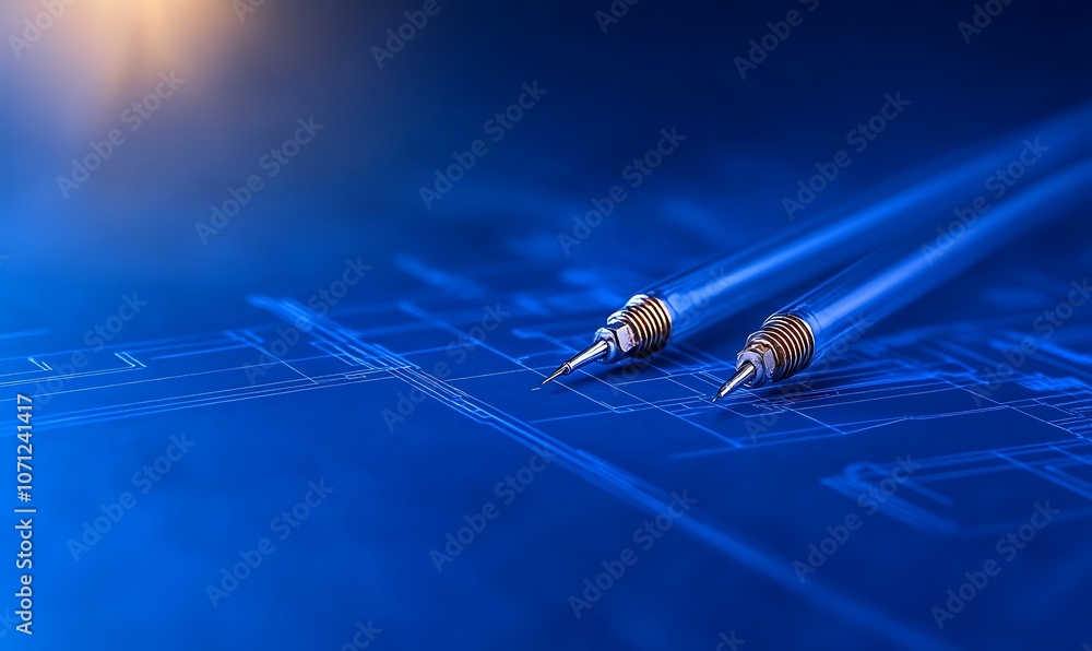 Poster two precision tools are poised over a blueprint, illuminated by a blue background, symbolizing engin