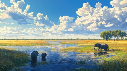 Three elephants walk through a shallow river in a savanna landscape with a blue sky and white clouds.
