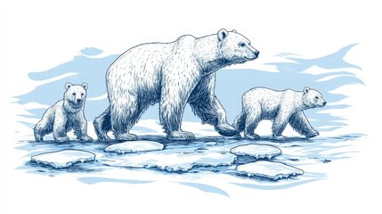 Polar Bear Family Walking on Arctic Ice