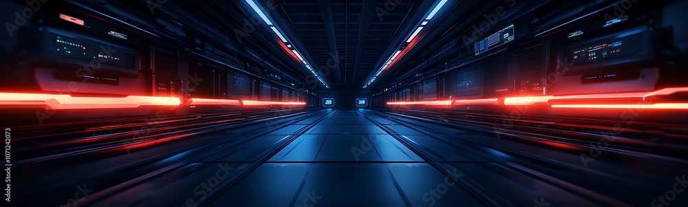 Poster a futuristic corridor illuminated with dynamic red and blue lights, conveying a sci-fi atmosphere, i