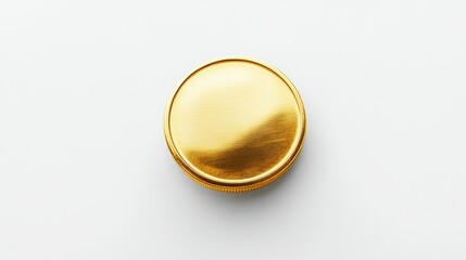 Top view of a metallic gold coin with a shiny, polished look, isolated on a plain white background.