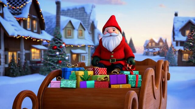 A jolly Christmas gnome sitting on a sleigh filled with presents, wearing a red wool hat and scarf, with snow-covered houses and holiday lights twinkling in the background