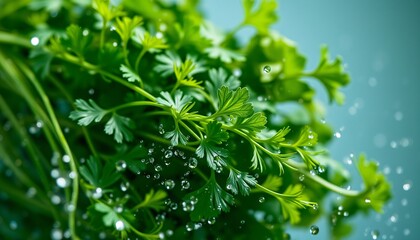 Obraz premium Fresh Parsley Sprinkled with Water Droplets