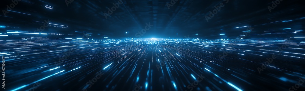 Aufkleber A futuristic digital landscape featuring glowing blue lines and particles, creating an illusion of depth and motion.