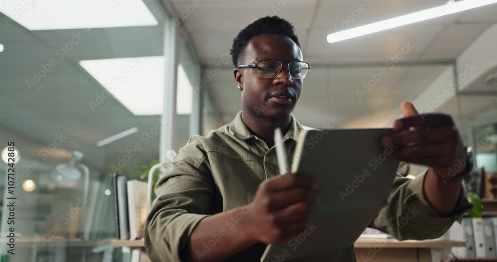 Poster office, african man and video call with notebook as manager or employee in digital agency or company