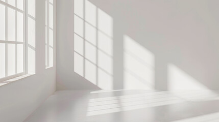 Fototapeta premium Sunlight streams through a large window, casting soft shadows on the white walls and floor of a minimalist room.