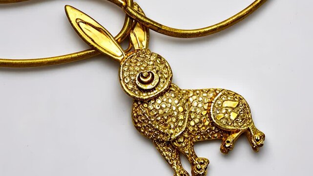 Pendant with rabbit in gray on. rabbit white gray concept. rabbit with pendant in gold and a twig for ation. a pendant with a rabbit in gold and lifestyle gray on a.