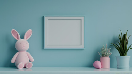 A pink plush bunny sits on a shelf against a pale blue wall, next to a white picture frame and potted plants.