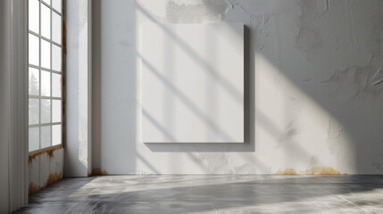 A blank canvas hangs on a white wall, bathed in soft sunlight streaming through a large window. The minimalist space offers a clean backdrop for a creative project, showcasing a sense of openness and 