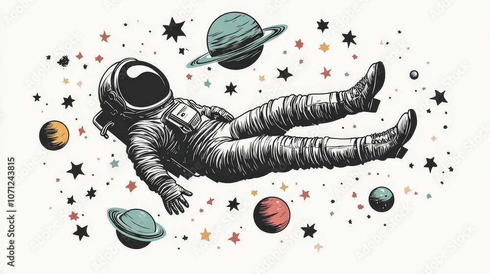 Poster astronaut floating in outer space with distant planets