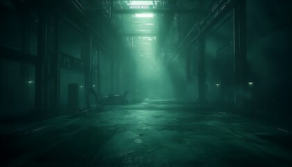 An eerie, dimly lit industrial space with shafts of light piercing through, creating a haunting atmosphere.