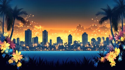 Fototapeta premium Stunning Tropical Cityscape at Sunset with Vibrant Palm Trees Flowers Skyline Ocean Silhouette Nightfall Horizon Twilight Reflection Aesthetic Scene