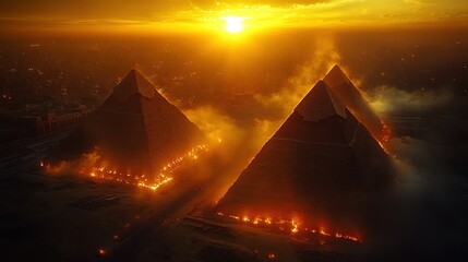 Aerial view of the three Great Pyramids of Giza at sunset, with the sun shining through the mist.