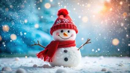 Cheerful snowman in red hat at winter Christmas celebration, snowman, red hat, winter, Christmas, celebration, snowy