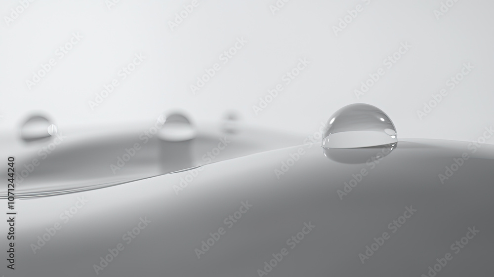 Poster close up of water droplets resting on smooth, white surface, creating serene and calming atmosphere.
