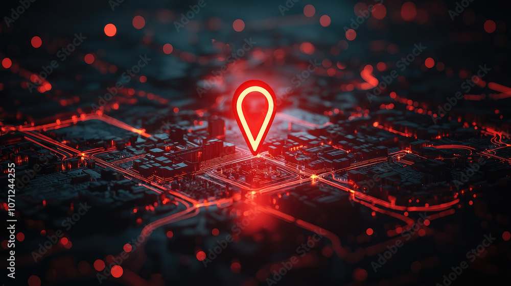 Poster glowing red location pin icon on digital map, symbolizing navigation and connectivity in modern city
