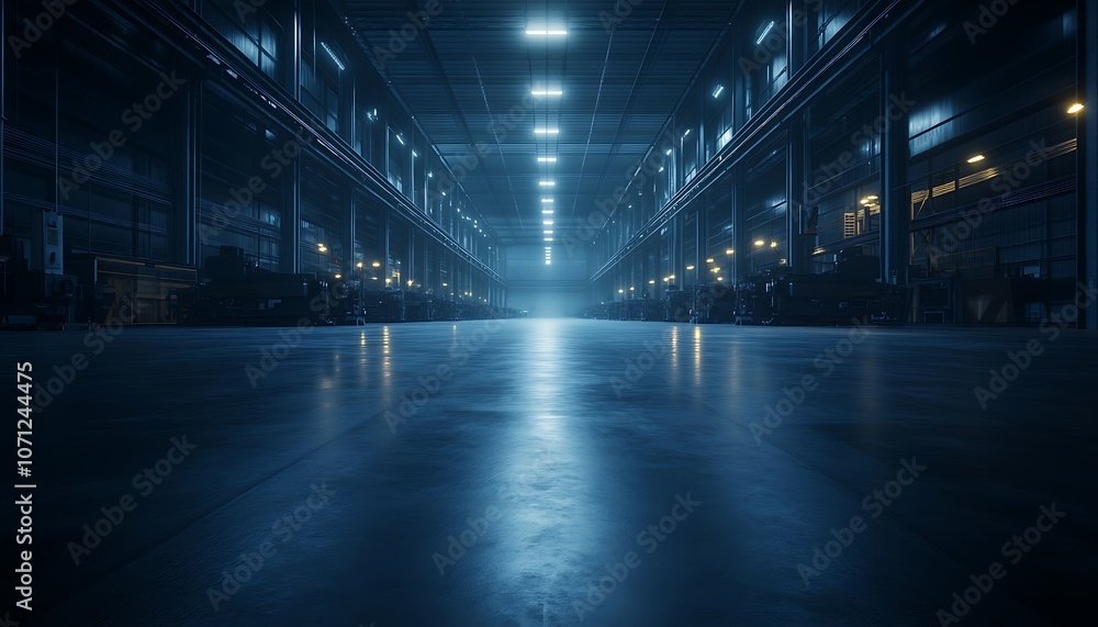 Poster a dimly lit industrial warehouse with reflective floors and bright overhead lights, creating a myste
