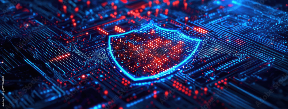 Poster closeup of shield symbol with padlock on digital circuit board, representing cybersecurity and data 