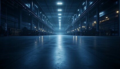 A dimly lit industrial warehouse with reflective floors and bright overhead lights, creating a mysterious and expansive atmosphere.