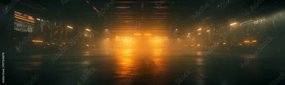 Poster A dimly lit space featuring dramatic orange lights and a foggy atmosphere, creating a mysterious and futuristic ambiance.