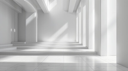 A minimalist, white room with a series of steps leading up to a wall of windows. The sun streams in through the windows, casting soft shadows on the floor.
