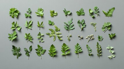 Diverse Green Leaves Arrangement on Gray Background