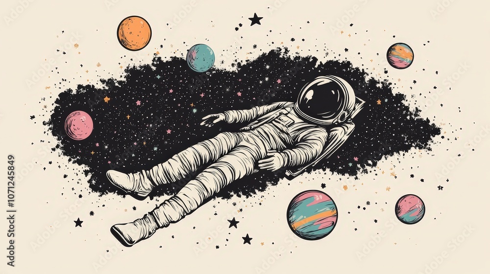 Poster astronaut floating in outer space among distant planets