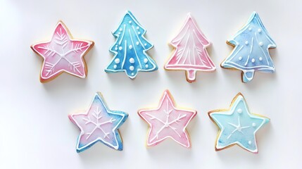 Obraz premium Cute watercolor illustration of star and tree-shaped cookies decorated with icing, perfect for the Christmas season. These festive cookies feature soft pastel colors, 