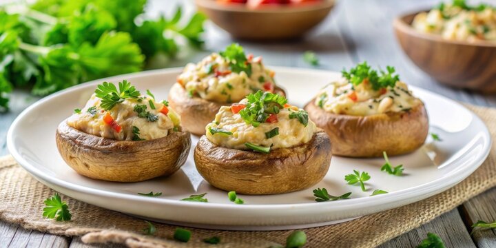 Delicious stuffed mushroom appetizer on a white plate with fresh herbs, stuffed mushrooms, appetizer, food photography