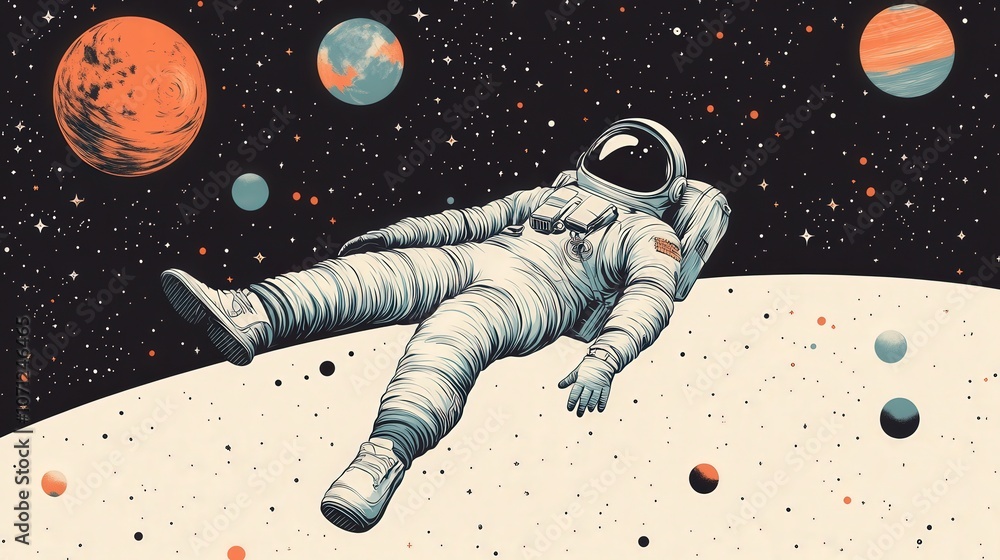 Poster astronaut floating in outer space among distant planets