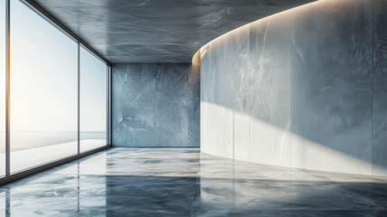 Minimalist interior design with sleek concrete walls, a large window offering an expansive view, and a curved wall creating a sense of movement. The natural light illuminates the space.