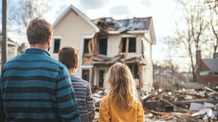 A family standing outside their damaged home, looking at the destruction caused by a natural disaster