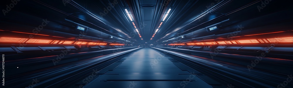 Poster a futuristic, high-tech corridor illuminated with vibrant lights, showcasing a sleek design and an e