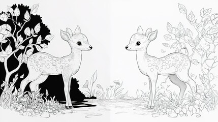 A black-and-white comic cartoon giraffe for a coloring book, featuring a cute design with a giraffe standing near a forest and water. This uncolored illustration is perfect for kids