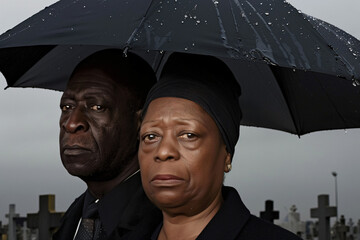 Obraz premium a somber moment between a senior woman and Black man at a cemetery