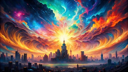 A Sky Of Vivid Hues Explodes Over A Silhouetted Cityscape, With Swirling Colors And An Ethereal Glow