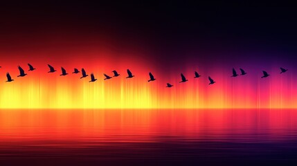 Fototapeta premium Flock of Birds Migrating Against Orange Sunset Sky