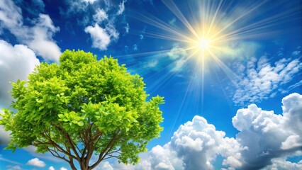 Obraz premium Bright sunlight illuminating green leaves on a tree against a backdrop of fluffy white clouds in a blue sky, sunlight, bright, day