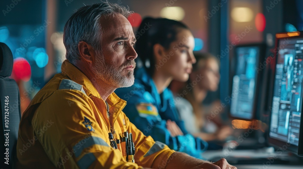 Poster emergency responders coordinating their efforts in a command center during a disaster response