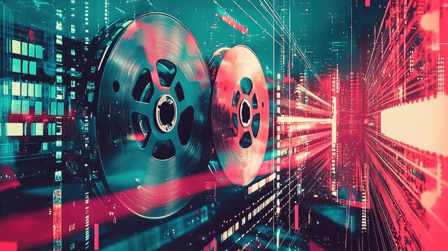 Two film reels in a futuristic digital landscape.