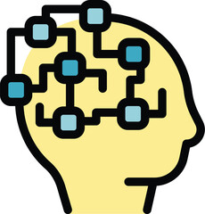 Colorful vector illustration featuring a human head silhouette with a digital network inside, representing artificial intelligence and machine learning