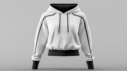  Women fashion sweatshirt mockup A 3D rendering of a hooded cropped top with long sleeves shown in black and white