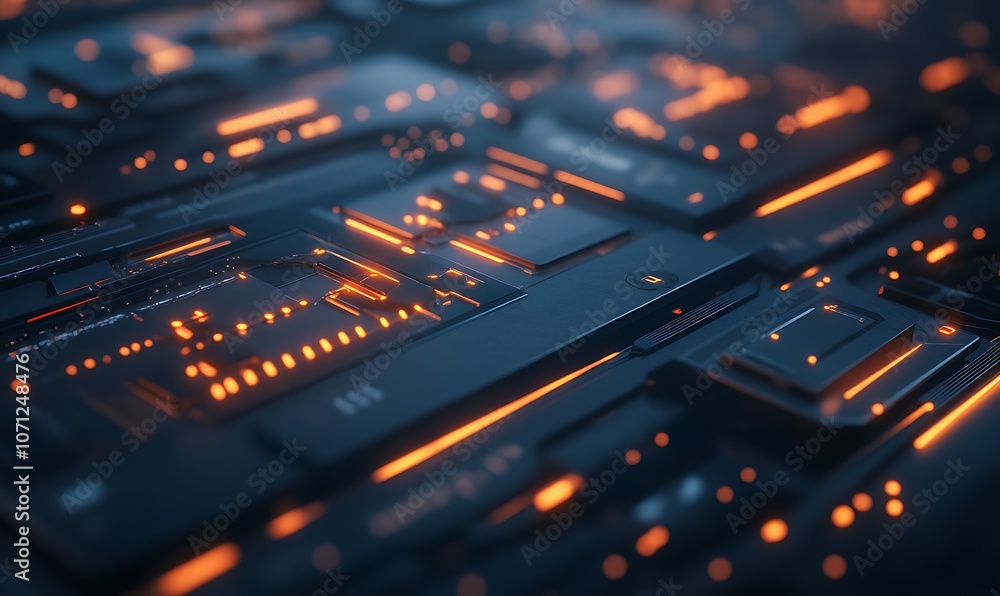 Poster a close-up view of a futuristic circuit board, featuring orange glowing elements against a dark back