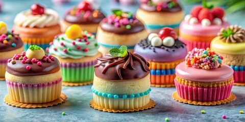 Colorful mini cakes with decorative icing and chocolate toppings, mini, cakes, colorful, icing, chocolate, dessert, sweet