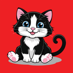 Vector,Adorable Cartoon Cat Illustration,Smiling Black and White Cat Character,Cute Sitting Kitten Vector Illustration
