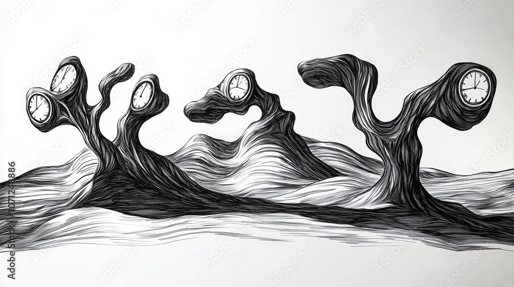 Poster surreal landscape with melting clocks and distorted forms