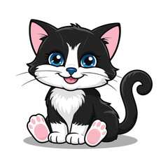 Vector,Adorable Cartoon Cat Illustration,Smiling Black and White Cat Character,Cute Sitting Kitten Vector Illustration

