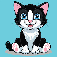 Vector,Adorable Cartoon Cat Illustration,Smiling Black and White Cat Character,Cute Sitting Kitten Vector Illustration
